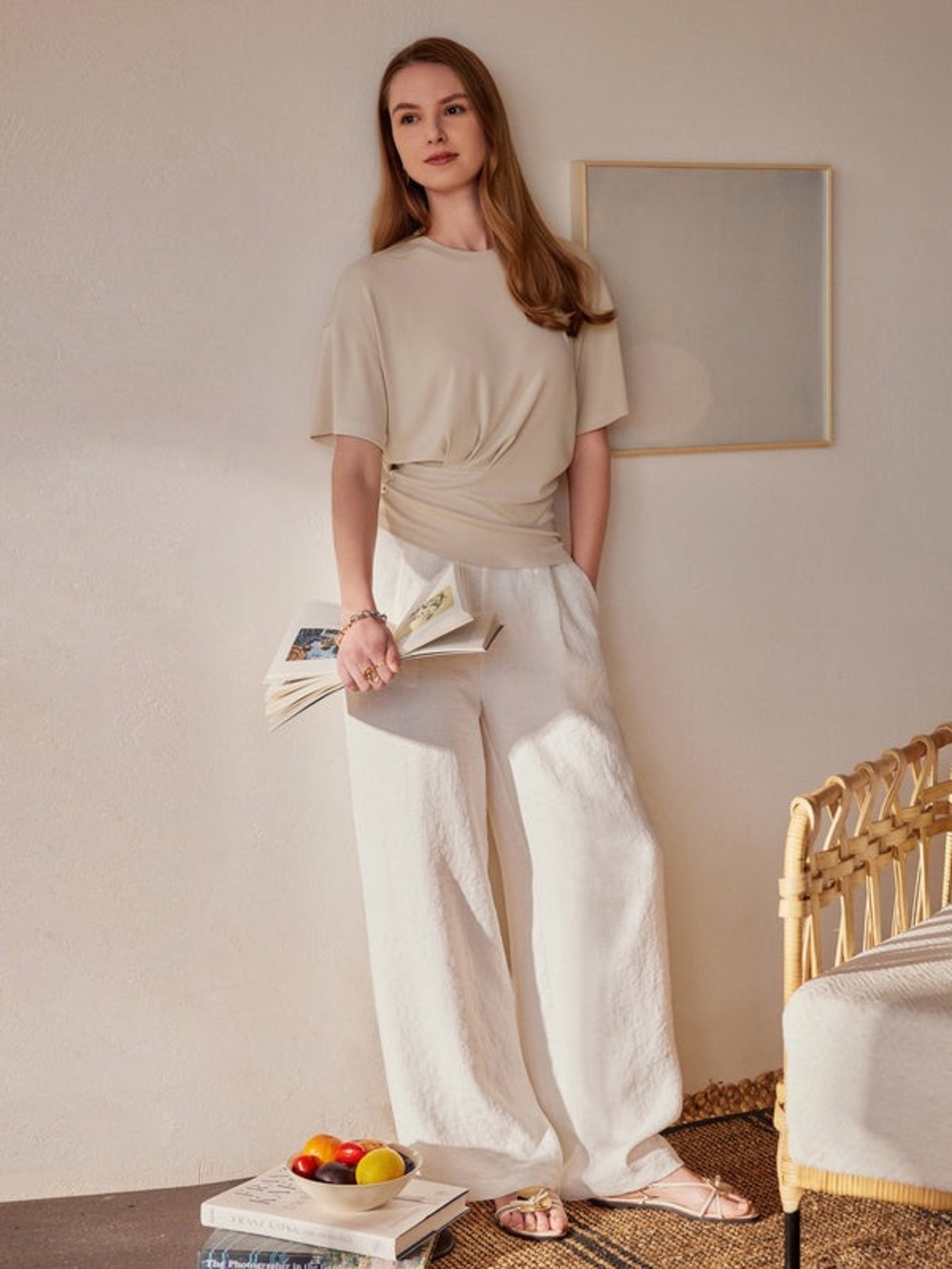 OGL Cream Short Sleeve Pleated Women's Top